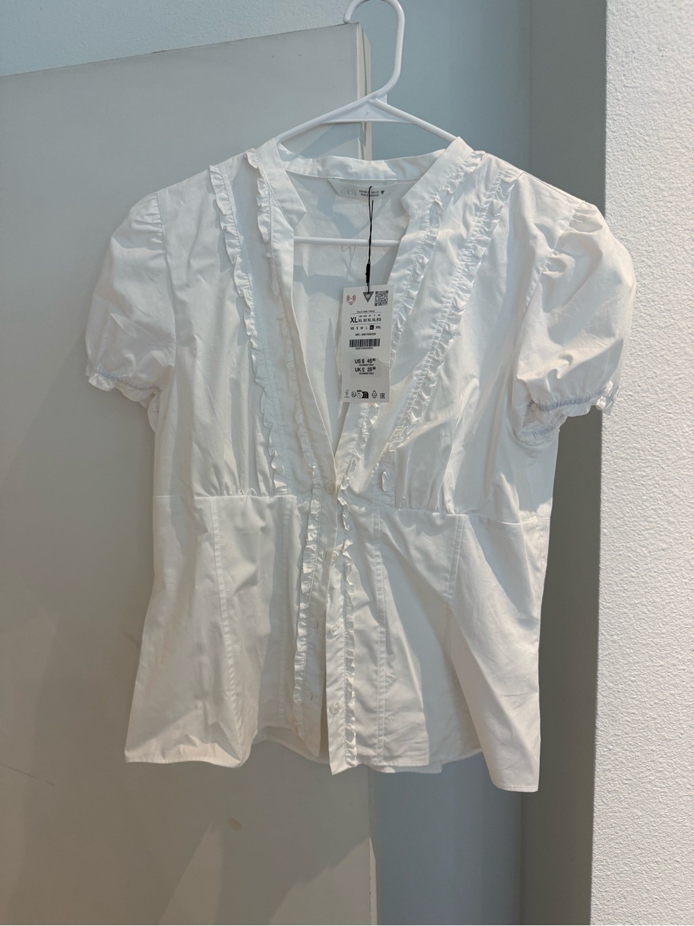 ZARA White Ruffle-Trim Button Front Women's Top